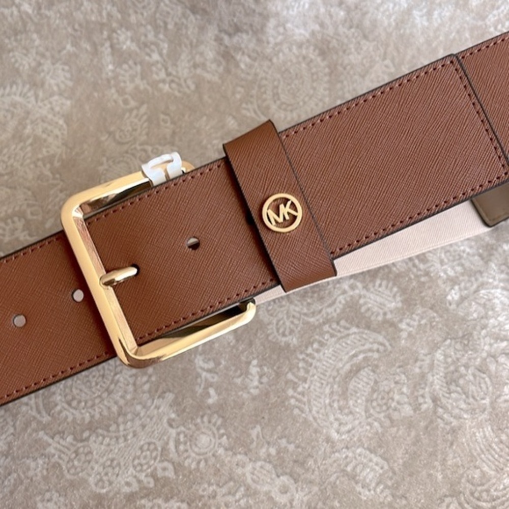 Brand New Michael Kors Genuine Leather Wide Strap Belt Elastic Stretch Cognac - Picture 13 of 15